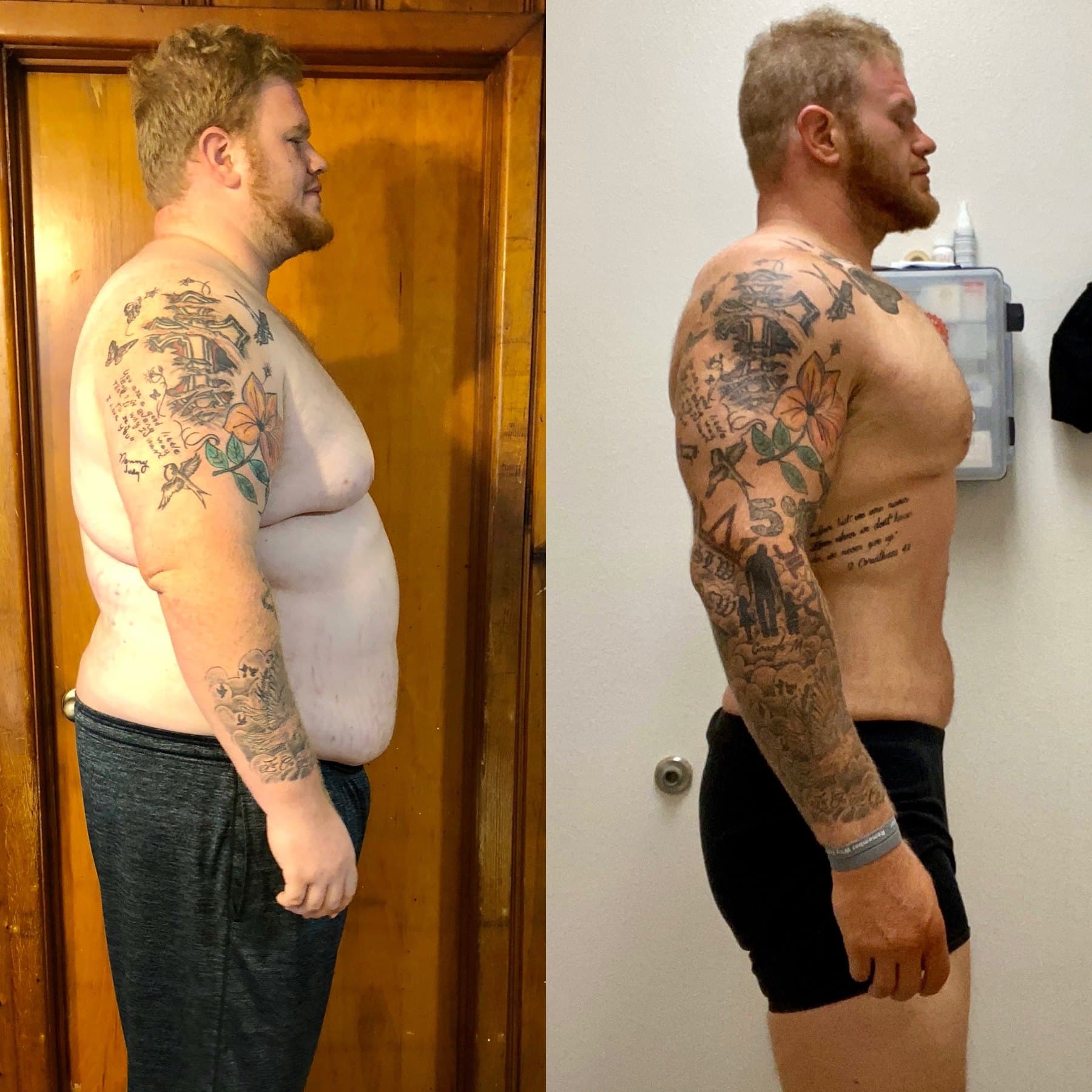 Before and after physique transformation, side view