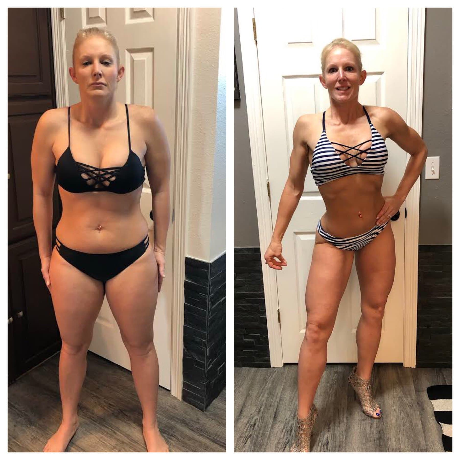 Before and after women's physique transformation
