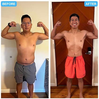 Before and after men's transformation, front double biceps